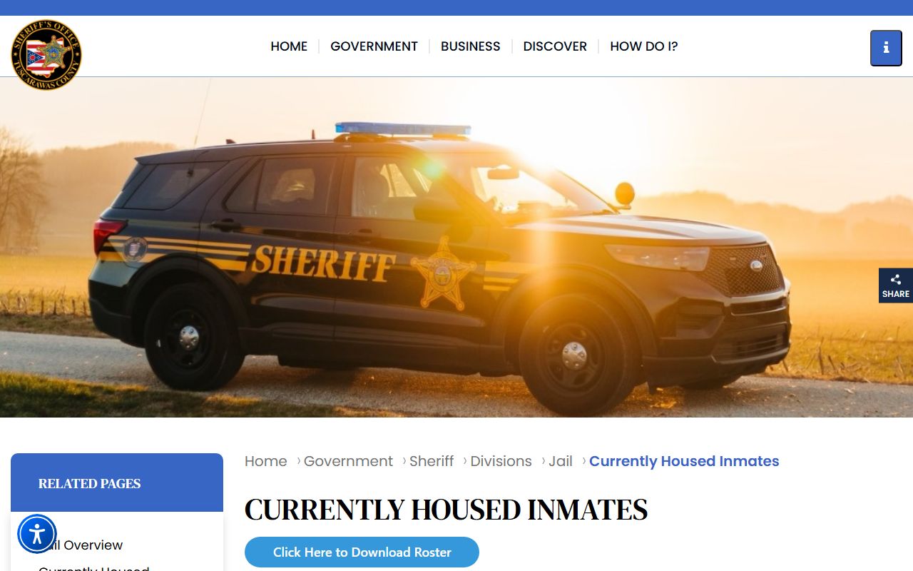 Tuscarawas County inmate records page linking to the current jail roster PDF
